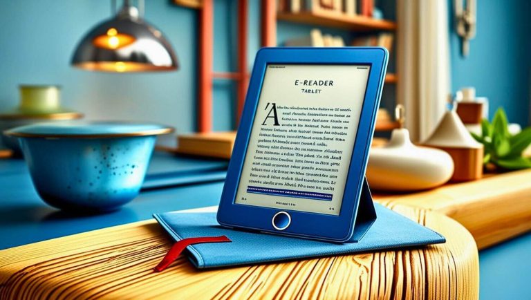 The Best Kobo Libra Color. This image captures a cozy reading setup featuring a retro-style e-reader with a blue and red case design. The e-reader is propped up on a book, emphasizing a blend of traditional and modern reading