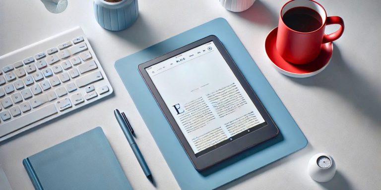 Is the Remarkable 2 the Best for Reader? This image features a cozy and stylish desk arrangement. At the center is an e-reader resting on a closed hardcover book, displaying text from what appears to be a digital publication.