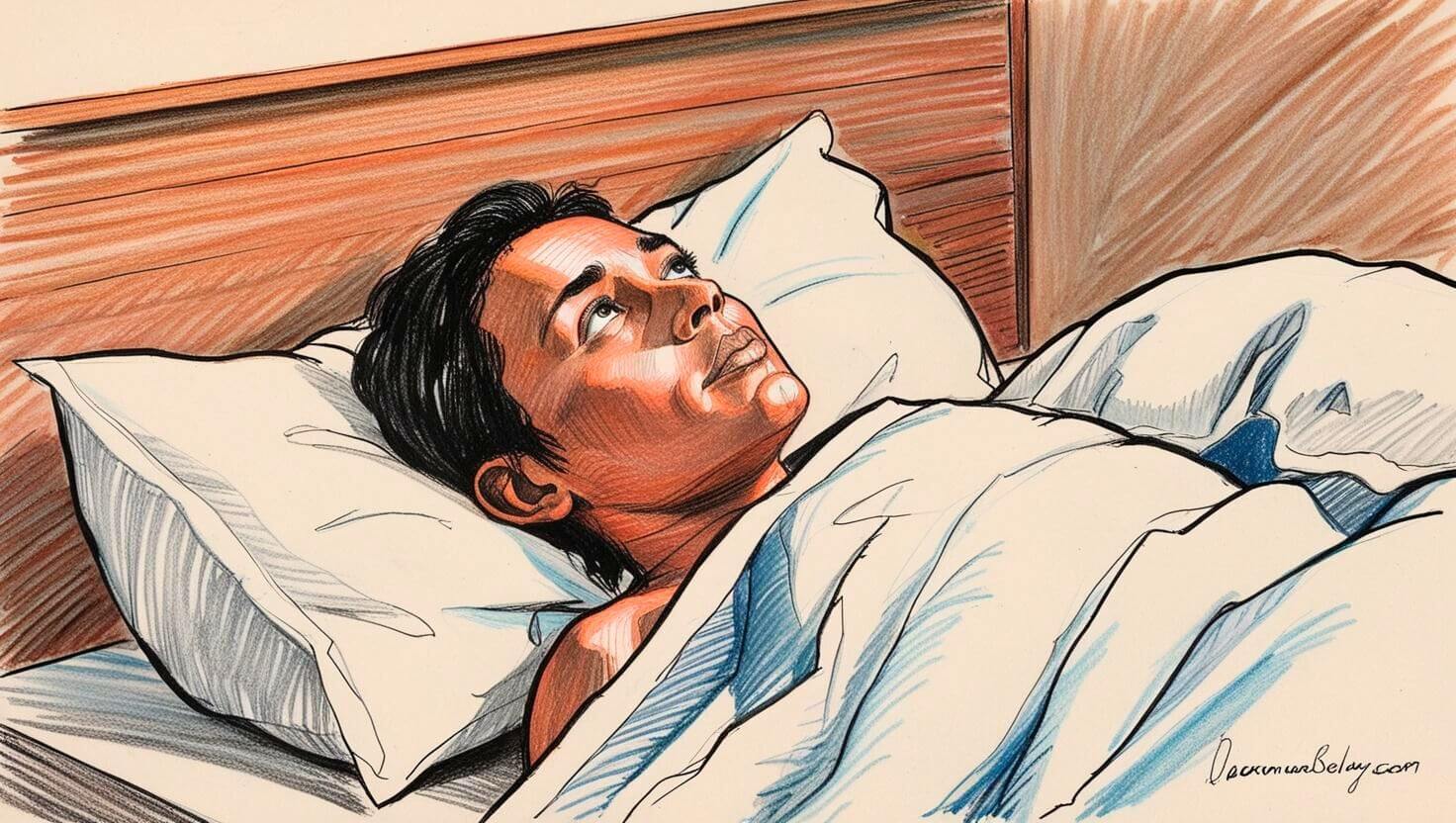Better Sleep Tonight. -This is an artistic illustration of a person lying in bed, looking upwards with a thoughtful or contemplative expression