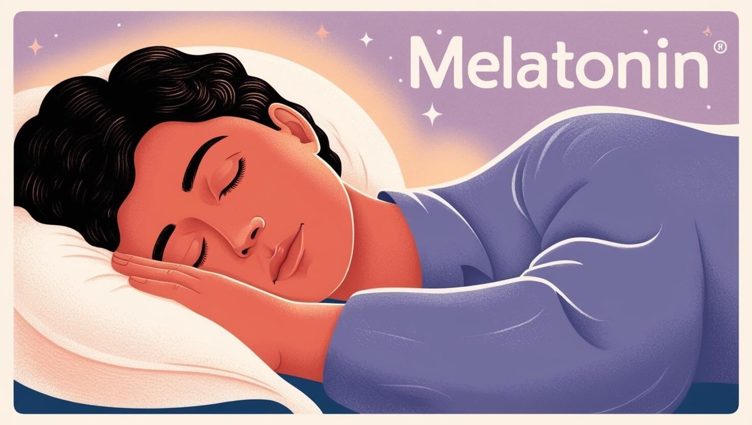 Melatonin Overload -The image shows a peaceful person sleeping soundly on a pillow, with warm, soft lighting and calming colors like purples and pastels, all contributing to a soothing nighttime vibe.